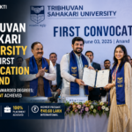 Tribhuvan Sahakari University Convocation ceremony in Anand, Gujarat, where 304 students received degrees during the university's first convocation attended by Union Minister Murlidhar Mohol and Gujarat Cooperation Minister Jitu Vaghani.