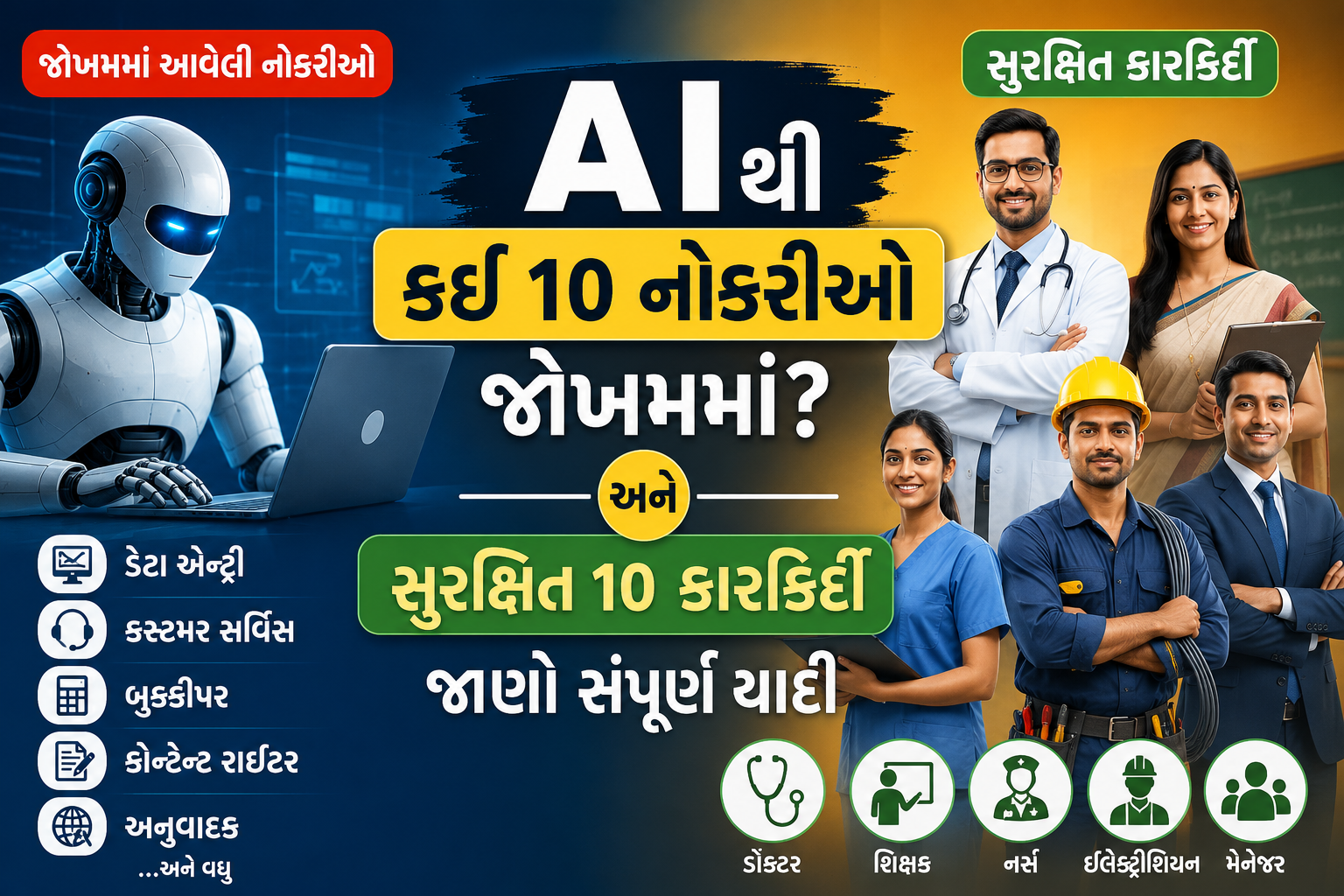 AIના યુગમાં જોખમમાં રહેલી અને સુરક્ષિત 20 નોકરીઓ દર્શાવતું ઇન્ફોગ્રાફિક
