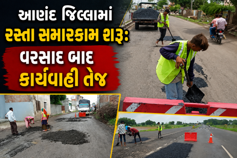 આણંદ જિલ્લામાં ભારે વરસાદ બાદ ક્ષતિગ્રસ્ત માર્ગો પર હોટમિક્સ પેચવર્ક કરતી માર્ગ અને મકાન વિભાગની ટીમ.
