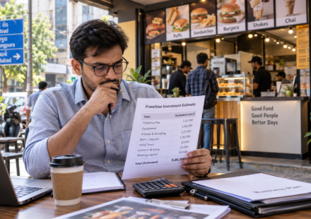Small-format food franchise outlet in Ahmedabad with an investor reviewing setup costs