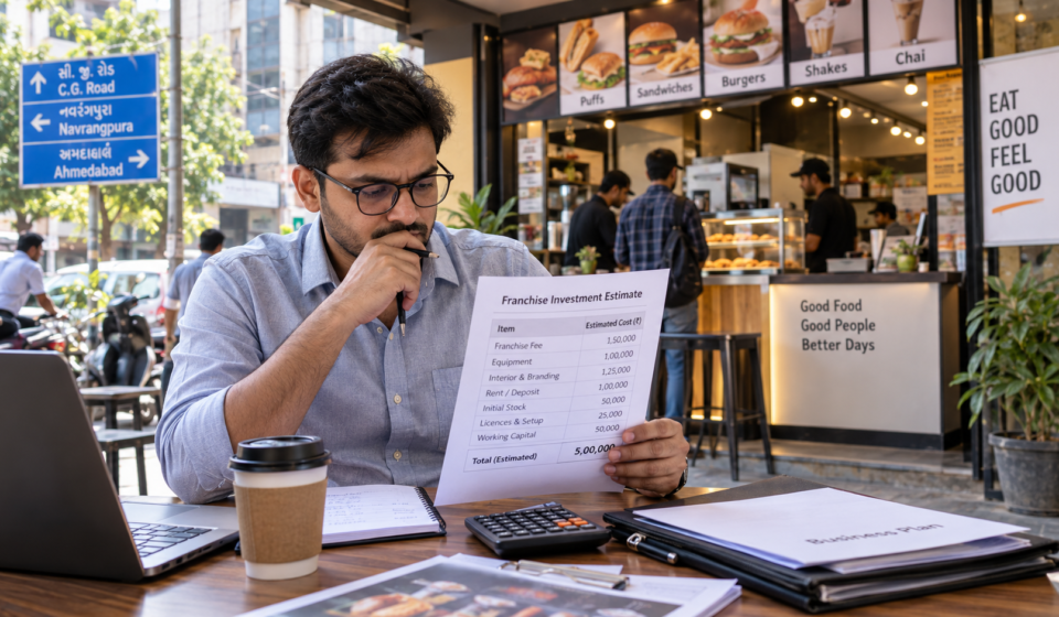 Small-format food franchise outlet in Ahmedabad with an investor reviewing setup costs
