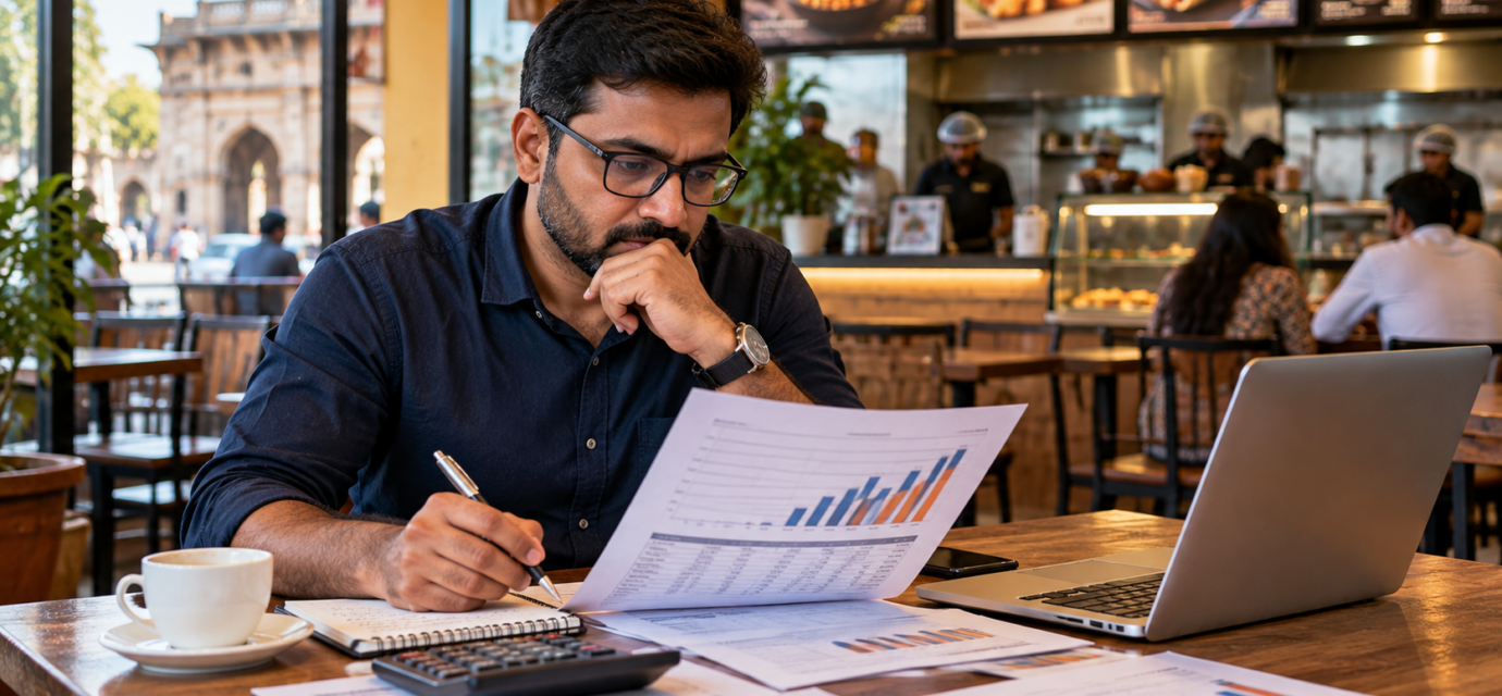 Investor reviewing food franchise sales and ROI projections in Ahmedabad