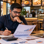 Investor reviewing food franchise sales and ROI projections in Ahmedabad