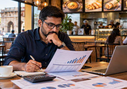 Investor reviewing food franchise sales and ROI projections in Ahmedabad
