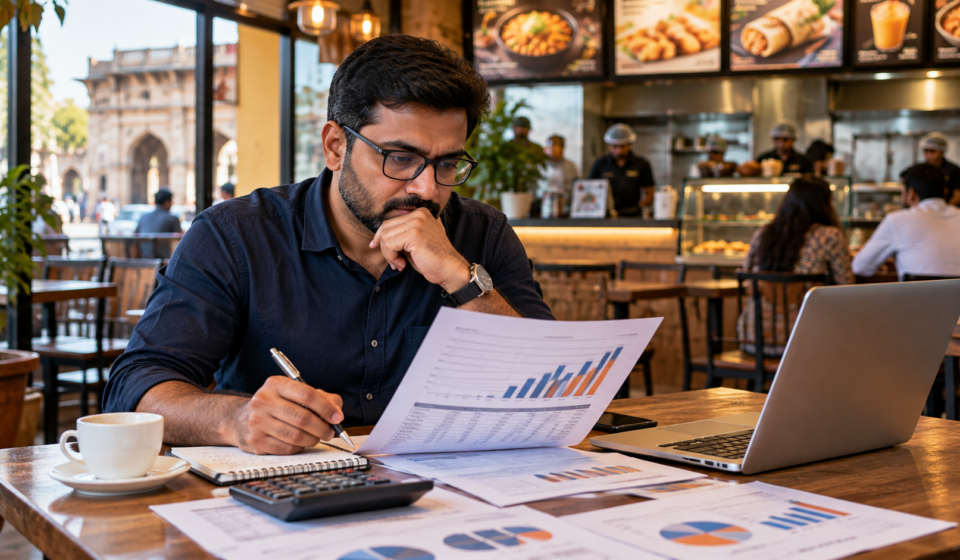 Investor reviewing food franchise sales and ROI projections in Ahmedabad