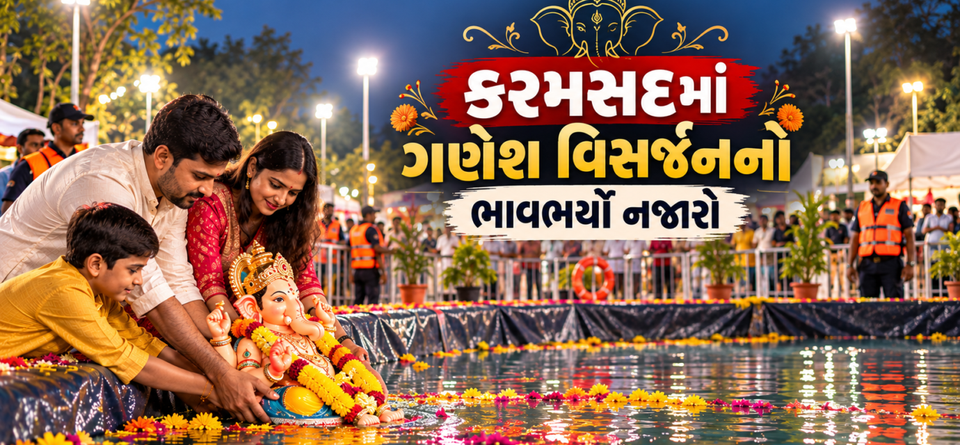 કરમસદમાં કૃત્રિમ તળાવ ખાતે ગણેશ વિસર્જન કરતા ભક્તો