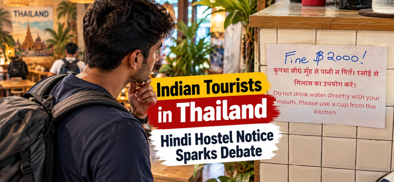 Indian traveller reading a Hindi and English notice inside a hostel in Thailand