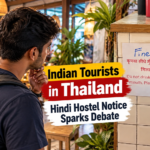 Indian traveller reading a Hindi and English notice inside a hostel in Thailand