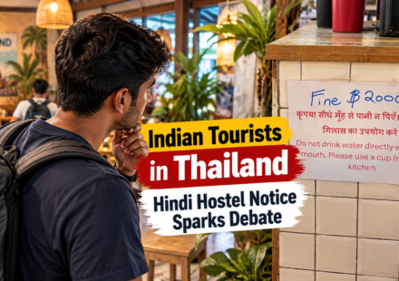 Indian traveller reading a Hindi and English notice inside a hostel in Thailand