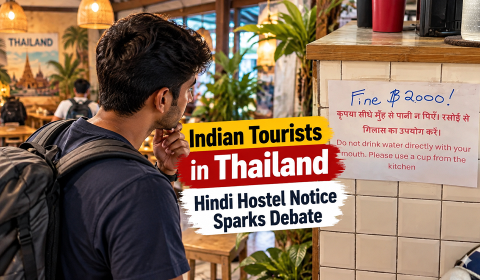 Indian traveller reading a Hindi and English notice inside a hostel in Thailand