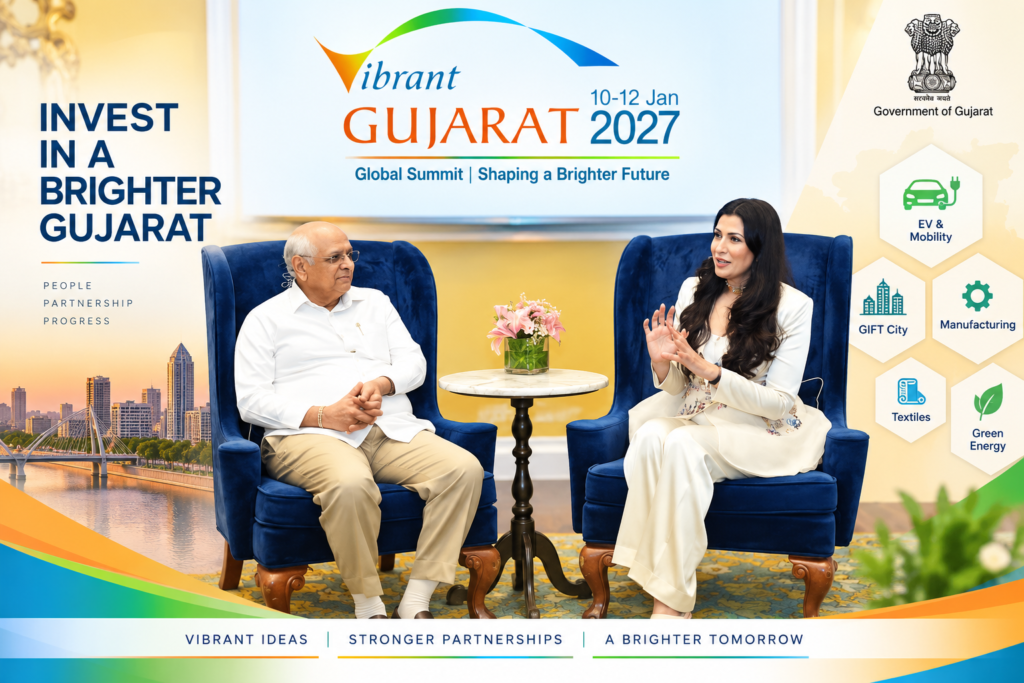 Gujarat Chief Minister Bhupendra Patel at a Mumbai meeting during the Vibrant Gujarat Summit 2027 roadshow