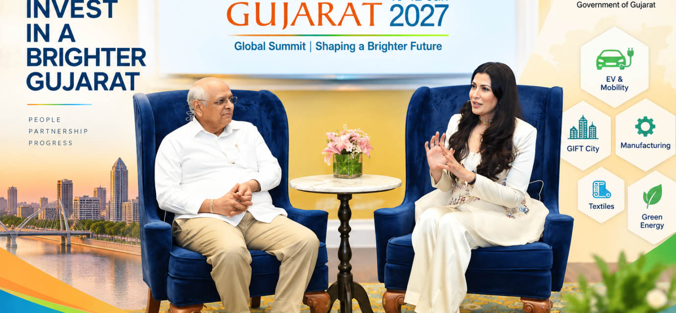 Gujarat Chief Minister Bhupendra Patel at a Mumbai meeting during the Vibrant Gujarat Summit 2027 roadshow