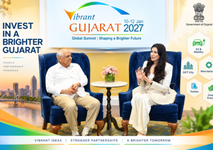 Gujarat Chief Minister Bhupendra Patel at a Mumbai meeting during the Vibrant Gujarat Summit 2027 roadshow