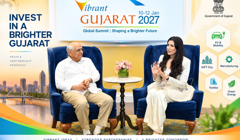 Gujarat Chief Minister Bhupendra Patel at a Mumbai meeting during the Vibrant Gujarat Summit 2027 roadshow