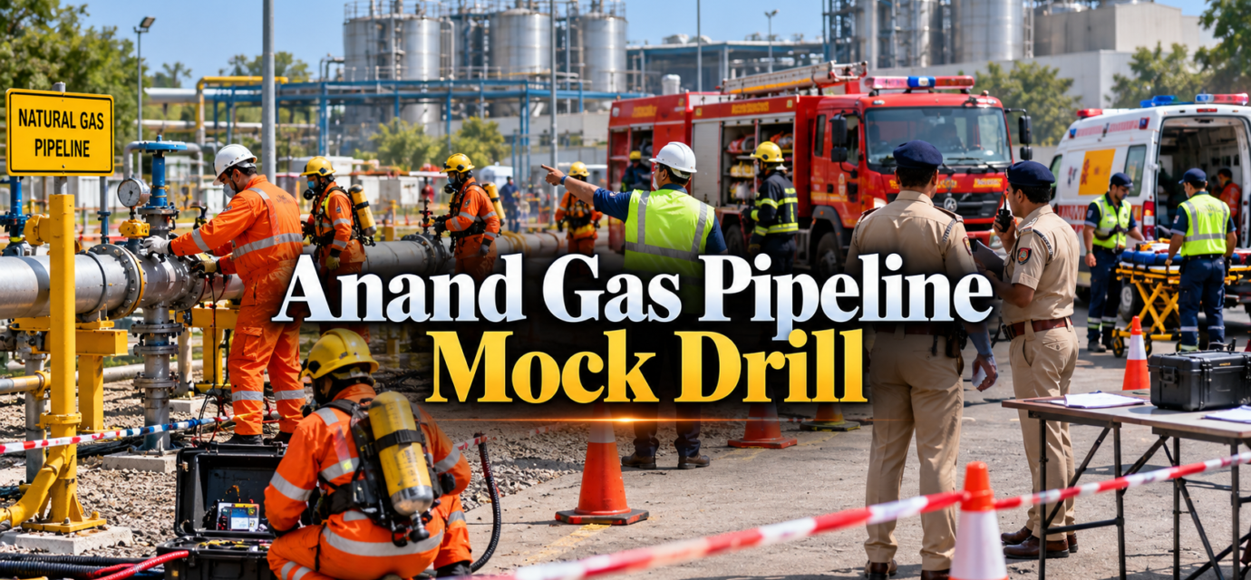 Anand Gas Pipeline Mock Drill with emergency response teams near an Amul gas pipeline