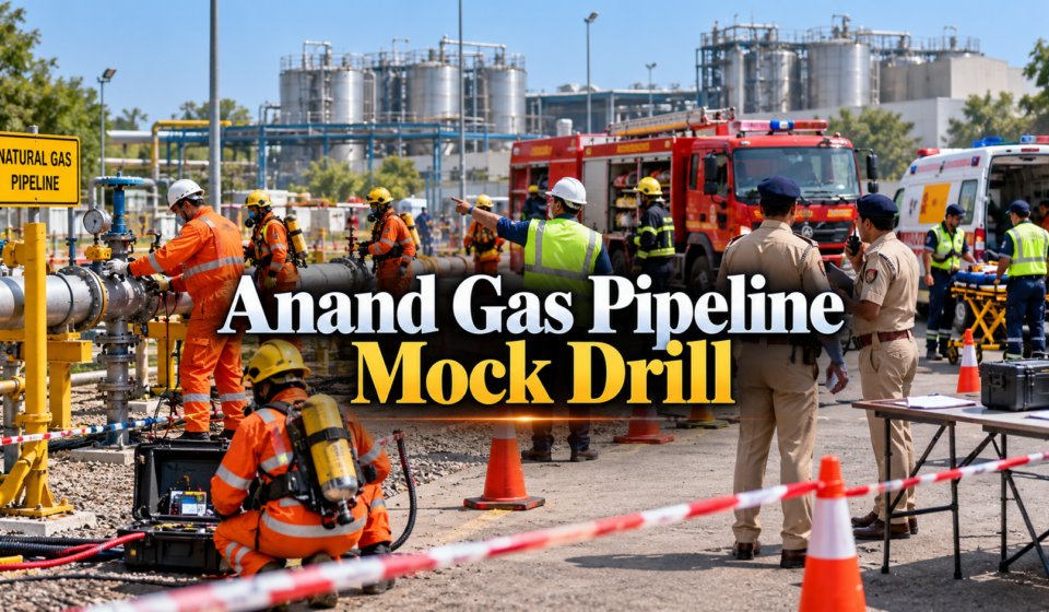 Anand Gas Pipeline Mock Drill with emergency response teams near an Amul gas pipeline