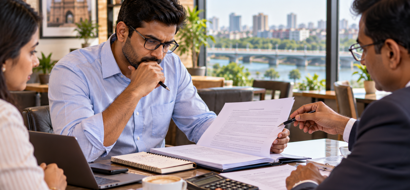 Investor reviewing a food franchise agreement before signing in Ahmedabad