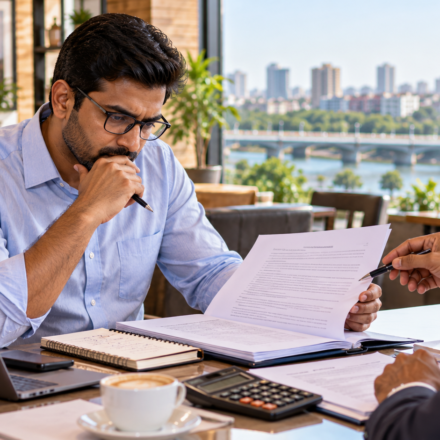 Investor reviewing a food franchise agreement before signing in Ahmedabad