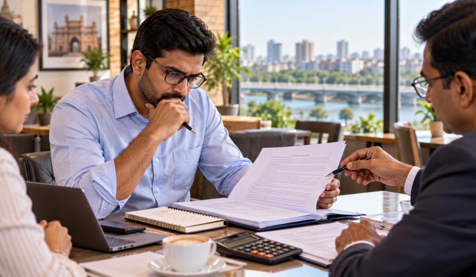Investor reviewing a food franchise agreement before signing in Ahmedabad